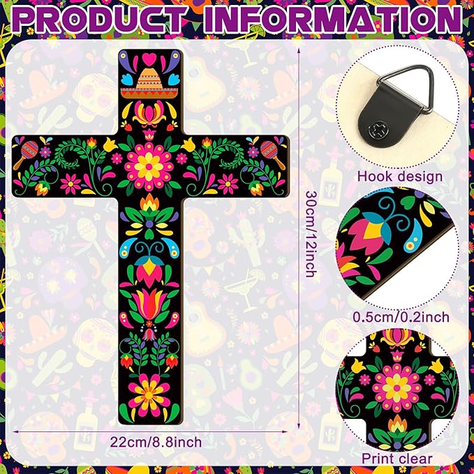 Pinkunn 2 Pcs Mexican Cross Wall Decor Floral Day of The Dead Decoration Hand Painted Wood Wall Art Dia De Los Muertos Altar Decorations Spanish Cross Decor for Home(Flower)