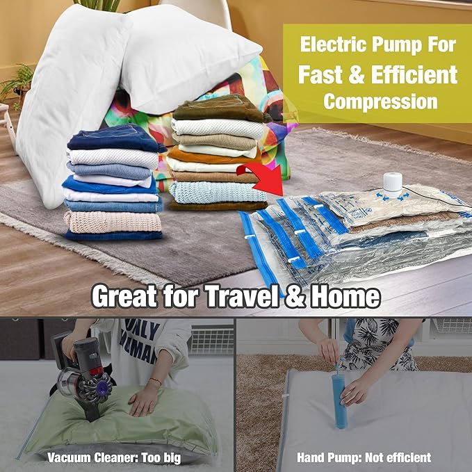 HIBAG Vacuum Storage Bags with Electric Pump, Vacuum Seal Bags for Clothing, Pillows, Blanket Bedding Comforters, 10 pack Large