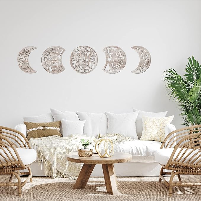 Jetec 5 Pcs Moon Phase Wall Art Decor Wall Pediments Hanging Wooden Phase Spiritual Bedroom Nordic Boho Lunar Aesthetic Art for Living Room Dorm Apartment Ornament(Vintage Color,10.6 Inch,Botanical)