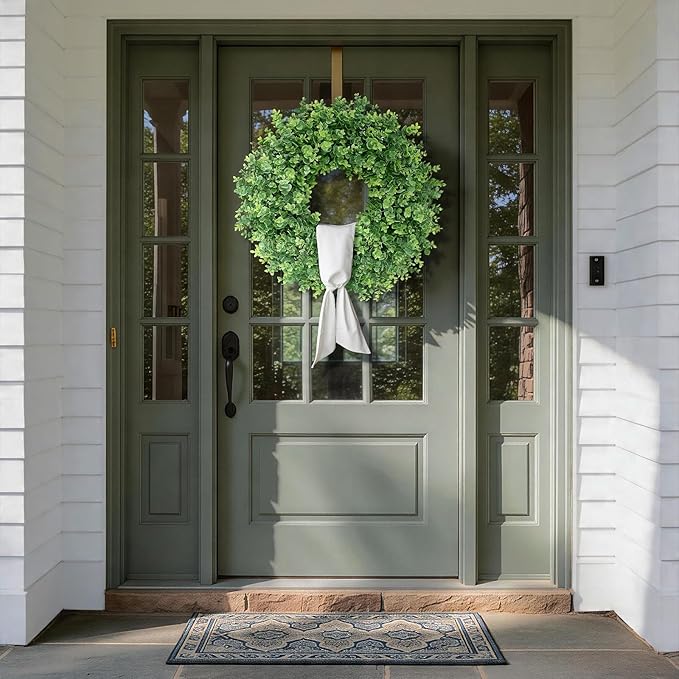 26" Artificial Eucalyptus Wreath with Sash for Front Door, Porch, Window - Large Faux Eucalyptus Leaves Greenery Outdoor Wreath for Home, Farmhouse Decor - Spring, Summer, All Seasons (Green)