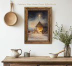 Vintage Nativity Scene Gold Framed Wall Art Birth of Jesus Christmas Christian Painting Canvas Prints Mary Joseph Holy Family Picture Star of Bethlehem Poster Artwork for Church Prayer Room, 12x16in