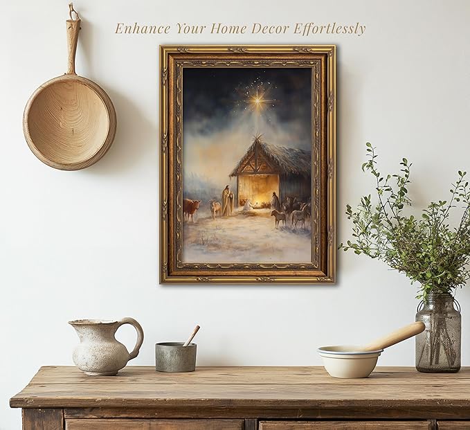 Vintage Nativity Scene Gold Framed Wall Art Birth of Jesus Christmas Christian Painting Canvas Prints Mary Joseph Holy Family Picture Star of Bethlehem Poster Artwork for Church Prayer Room, 12x16in