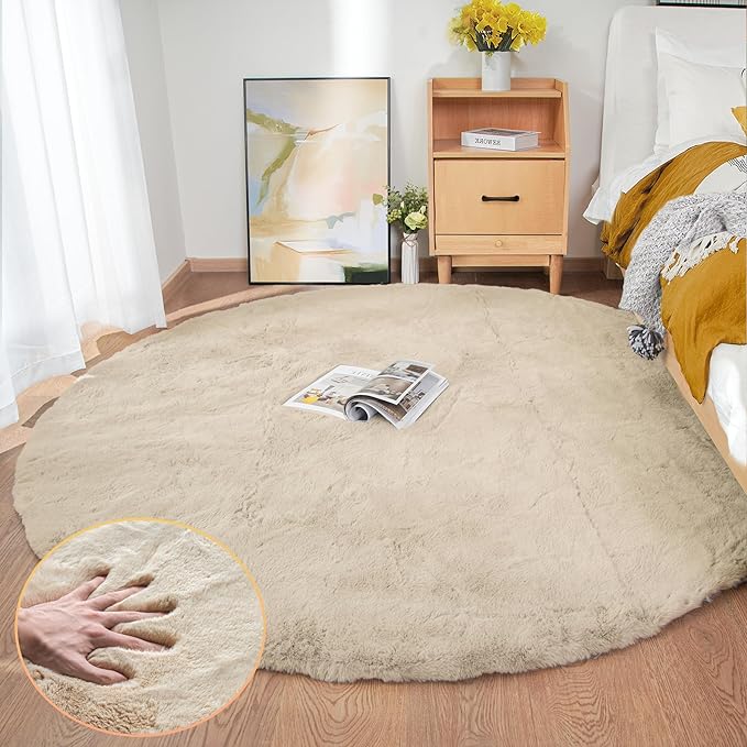 Round Rugs 8ft Shag Washable Fluffy Area Rugs for Bedroom Light Brown Beige Large Circle Faux Rabbit Shaggy Fur Rug for Living Room Nursery Rug