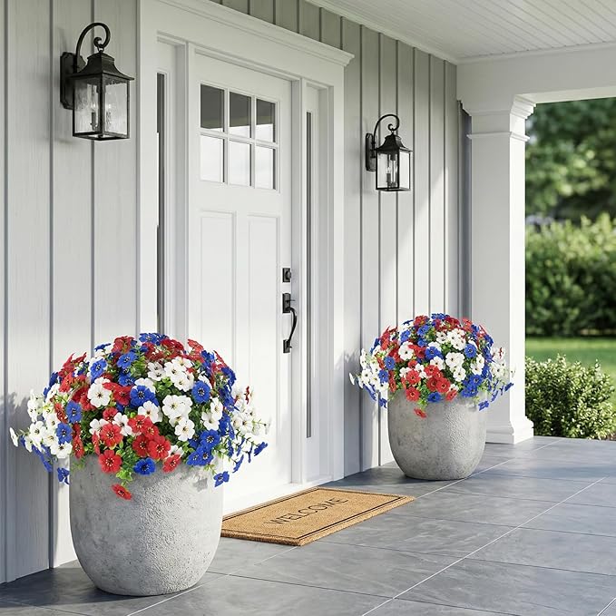 Hananona 2 Set Artificial Outdoor Flowers with Hanging Basket, 2 Hanging Planters with 24 Pcs Flowers for Summer Front Porch Garden Patio 4th of July Home Decor (2, Red, White, Blue)