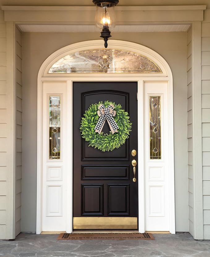 24-26'' Large Boxwood Wreath for Front Door, Porch, Window - Foldable Greenery Boxwood Wreaths for Farmhouse Wedding Indoor Outdoor Decor - Spring, Summer, Fall, All Seasons (with Bow)