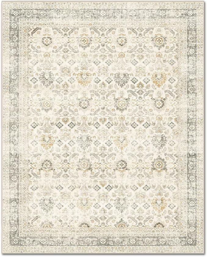 Washable 3x5 Entryway Rug, Boho Non-Slip Vintage Distress Small Rugs for Kitchen Nursery Office Bedroom, 0.3" Neutral Oriental Throw Thin Carpet with Cushioning Pad, Grey/Beige/Orange/Multi