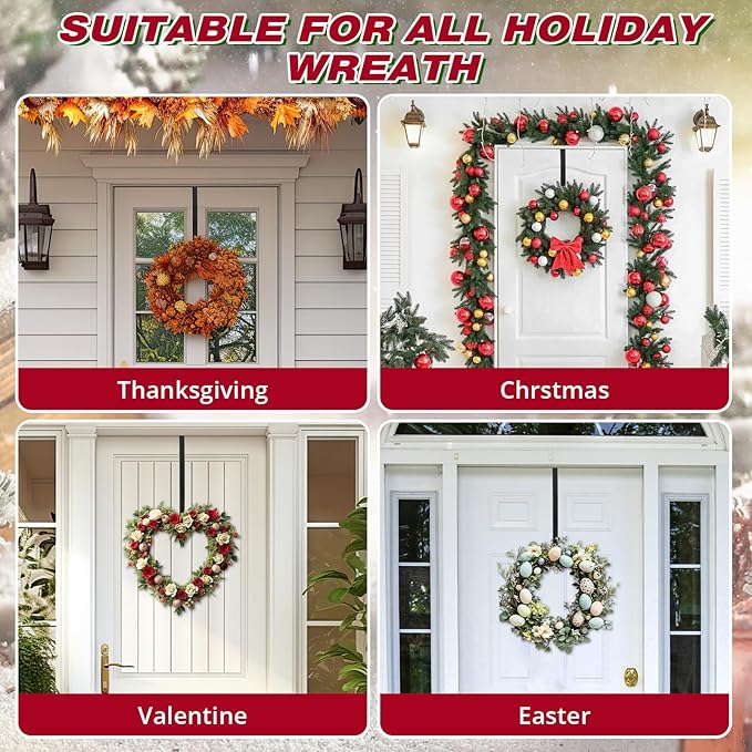 Roycraft Wreath Hangers 2 Pack for Front Door Christmas Ornament Black Wreath Hook Steel Over The Door Hanger Hook