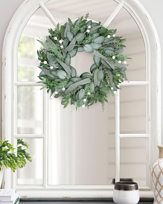 Vlorart 24 Inch Summer Wreath for Front Door, Artificial Outdoor Eucalyptus Wreath, Spring Green Wreaths for Front Door, Boxwood Wreaths with Berries and Olive Leaves for Outside Year Round