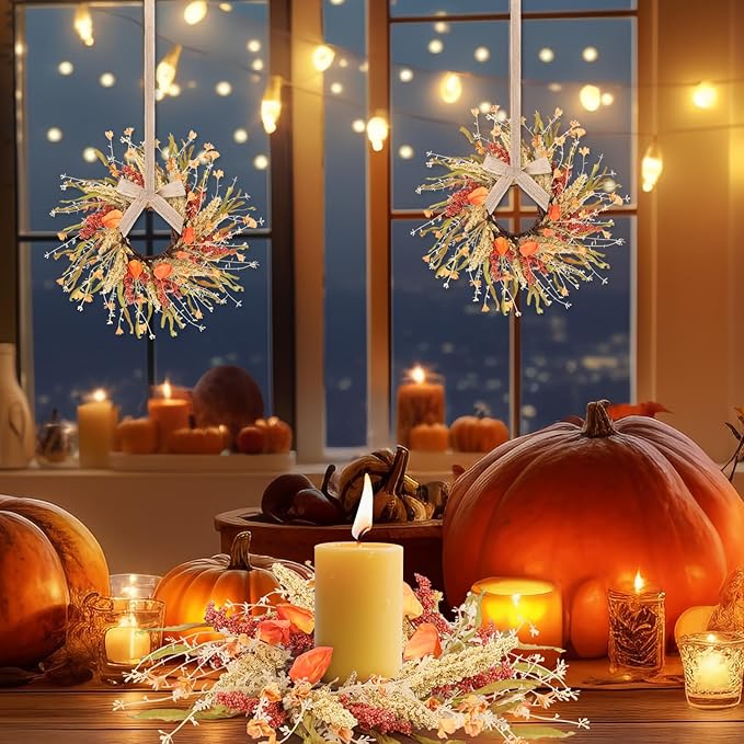 6 Pcs 9 inch Fall Wreaths Thanksgiving Artificial Swag Wreaths Autumn Hanging Wreath Harvest Candle Rings for Cabinets Farmhouse with Ribbon for Front Door Porch Wall Window Decoration