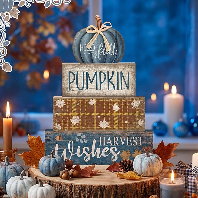 Lineshading 4 Pcs Fall Decoration for Home Wooden Blue Pumpkin Decor Thanksgiving Tiered Tray Decor Fall Centerpiece Rustic Decorative Block Signs Gift Farmhouse Autumn Table Decors for Home Kitchen