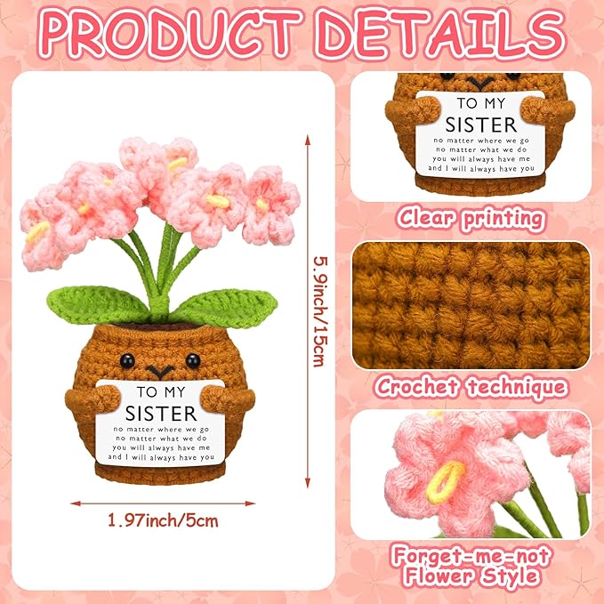 Wavwavw Sister Gifts Handmade Crochet Doll with Card Crochet Present for Sisters Sis Big Little Sister Birthday Wedding Home Decor(Pink Myosotis)