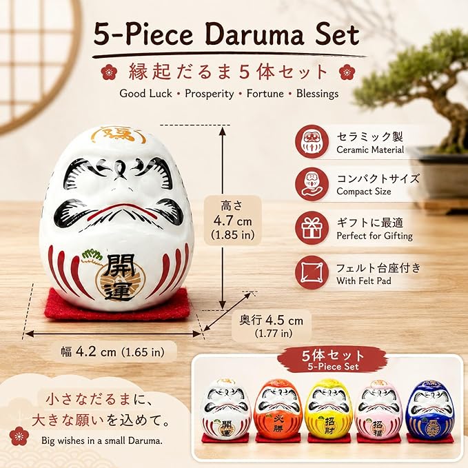 LOGOFUN 5PCS Small Daruma Figurine Japanese Daruma Doll Set Ceramic Good Luck Daruma Statue for Indoor Home Car Desktop Decor - No Eyes 4.5CM
