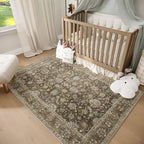 Washable 4x6 Rugs for Living Room, Boho Non-Slip Vintage Distress Small Rugs for Bedroom Nursery Office, 0.3" Neutral Oriental Throw Thin Carpet with Cushioning Pad, Tan/Flaxen/Multi