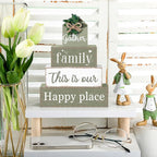 Cinnvoice 4 Pcs Farmhouse Tabletop Decor Rustic Family Blessed Home Table Centerpiece This Is Us Sign for Kitchen Shelf Desk Fireplace Mantel Tiered Tray Decor(Gather Family This is Our Happy Place)