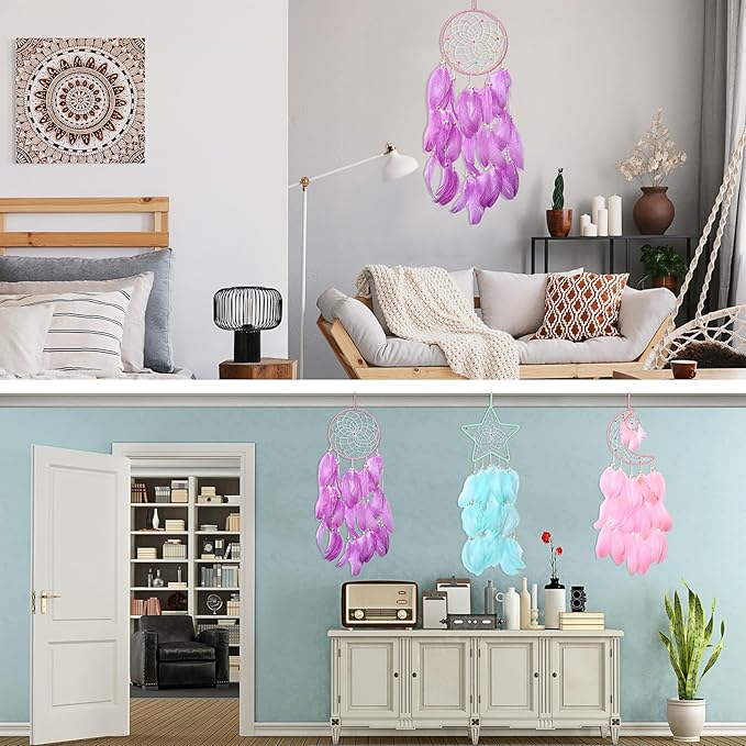 Jetec 3 Pcs Dream Catcher Moon Sun Star Design Handmade Traditional Design Craft Ornament Wall Art Hanging Home Decoration Bedroom Wedding(Sweet Color)