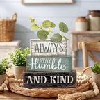 Lineshading 4 Pcs Inspirational Farmhouse Table Decor Always Stay Humble and Kind Stacked Wooden Block Signs with Inspirational Quote Eucalyptus Leaves for Home, Living Room, Shelf Housewarming Gift