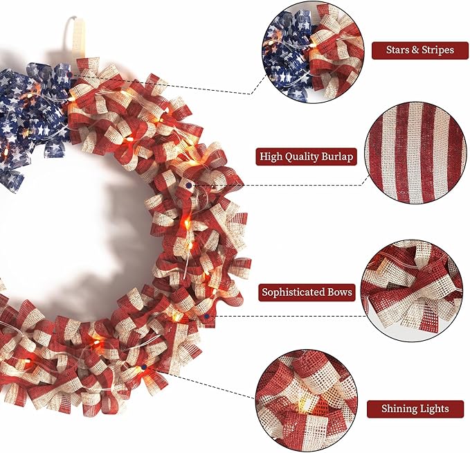 Patriotic Wreath 18 Inch American Flag Wreath for Front Door, Burlap Red White and Blue Decor with Stars Stripes and Timer-Equipped Light Strip for 4th of July Memorial Day Veterans Day