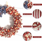Patriotic Wreath 18 Inch American Flag Wreath for Front Door, Burlap Red White and Blue Decor with Stars Stripes and Timer-Equipped Light Strip for 4th of July Memorial Day Veterans Day
