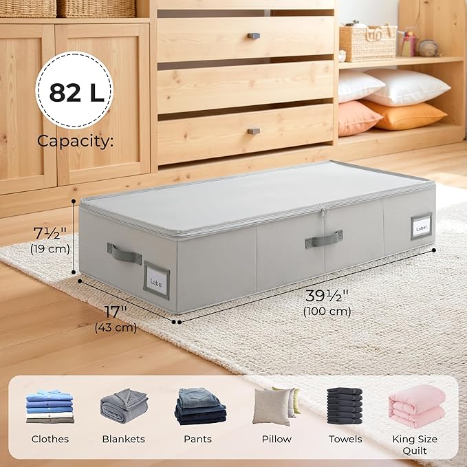GRANNY SAYS 7.5" Foldable Underbed Storage Box with Lid, 82L Large Under Bed Storage Containers with Reinforced Bottom for Comforters & Blankets, High Capacity Seasonal Bedding Organizer, 2 Pack,Grey