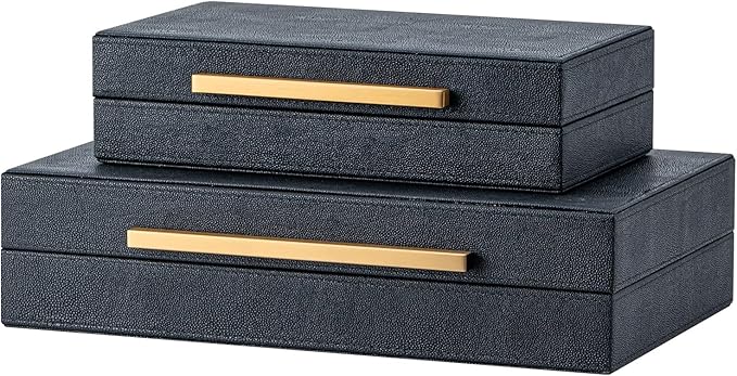 Set of 2 Black Shagreen Storage Boxes with Gold Metal Handles – Faux Leather Jewelry Organizer, Nesting Decorative Box for Photos, Memory Keepsake, Home & Office Decor