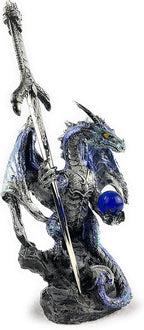 Ain’t It Nice Dragon Statue with Medieval Dragon Sword and Crystal Ball Collectible Dragon Figurine Fantasy Medieval Dragon Décor, Blue 4(L) 2(W) 7(H) inches