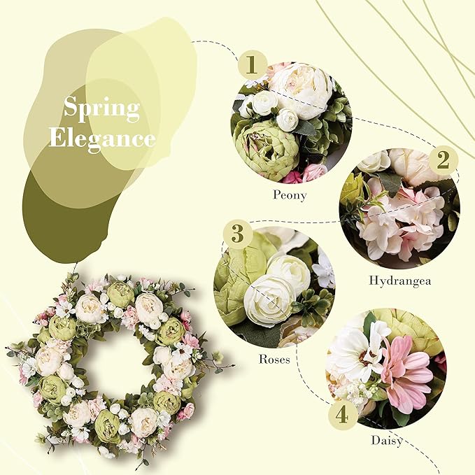 Peony Wreath 23'' Spring Wreaths for Front Door, Artificial Large Floral Wreath for Front Door Wall Decor, Valentine’s Day Home Wedding Housewarming Gift EZsenses (Green)