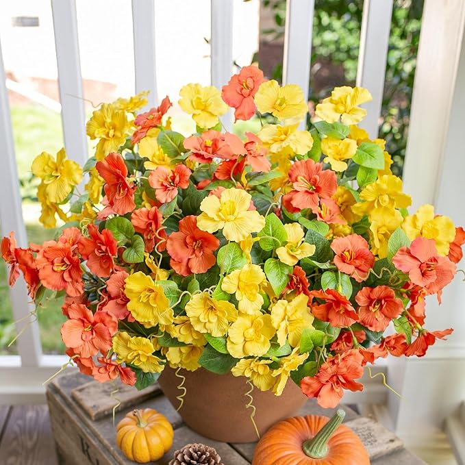 Fake Hibiscus Artificial Flowers for Outdoors Spring Summer Decoration, 6 Bundles Silk Hibiscus Flowers Bouquet UV Resistant Look Real Faux Plants for Outside Planter Front Door Porch Balcony, 2MixHC
