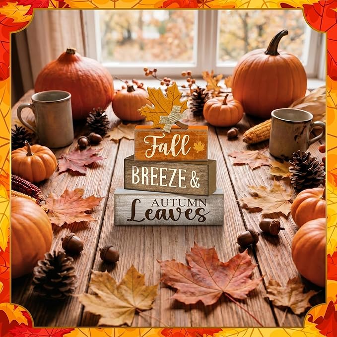 Lineshading 4 Pcs Fall Decoration for Home Wooden Maple Leaf Thanksgiving Table Centerpiece Rustic Thanksgiving Tiered Tray Decor Decorative Autumn Leaves Block Sign Farmhouse Autumn Decor for Kitchen