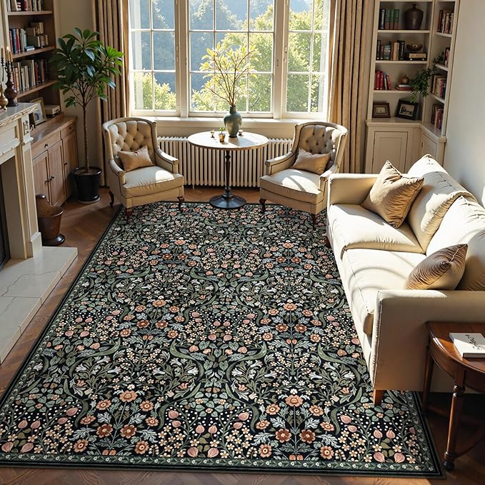 Moynesa Floral Washable Rugs 9x12, Soft Living Room Area Rugs 9x12 Large Boho Bedroom Rug, Non Slip Ultra Thin Soft Botanical Floor Carpet for Dining Room Home Office Farmhouse, Black
