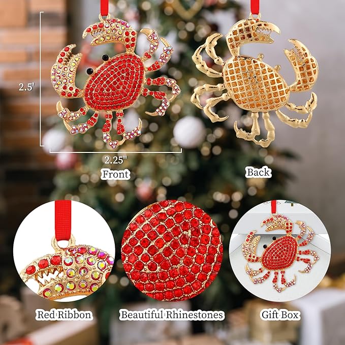 SICOHOME Crab Ornaments for Christmas Tree - Coastal Sea Ocean Hawaii Beach Themed Christmas Hanging Ornament with Rhinestones for Christmas Tree Gifts for Ocean Love rand Nautical Enthusiast Red