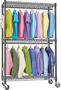 Heavy Duty Rolling Garment Rack 3 Tiers Adjustable Wire Shelving Clothes Rack with 2 Rods and Side Hooks,Storage Closet Clothing Rack with Wheels Black 15.7" D x 45.3" W x 79.6" H