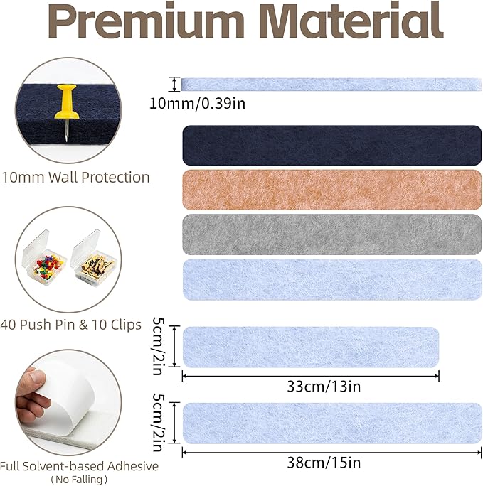 Cork Board for Walls - 8 Pack Felt Pin Board Bar Strips - Self-Adhesive Lightweight Bulletin Board - Cork Board for Office with 40 Push Pins No Damage for Wall