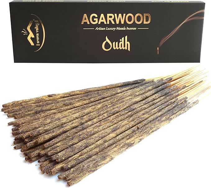 Oud Agarwood Incense Sticks - Artisan Luxury Masala Incense - Rolled Long-Burning (75 Minutes) Extra-Thick Sticks - Exotic Divine Scent for Home, Spirituality & Meditation - Oudh