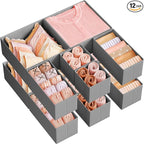 SONGMICS Drawer Organizers, Dresser Divider Organizers, Set of 12, Foldable Fabric Storage Boxes for Socks, Underwear, Bras, Ties, Scarves, Dove Gray URDZ006G02