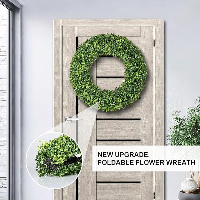 Spring Wreath, 20 inch Boxwood Wreaths for Front Door, Summer Wreaths with UV Protection, Green Artificial Wreath for Farmhouse, Room Indoors, Outdoors, Corridors, Offices, for All Seasons