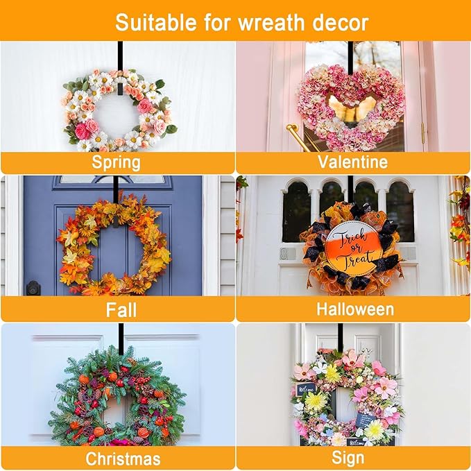 4 Pack Wreath Hangers for Front Door, Over The Door Wreath Hanger Holiday Decorations Wreath Hook for Hanging Christmas Easter Fall Decoration, Welcome Sign Holder Two Each of 12" and 15" (Black)