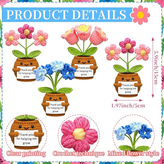 Wavwavw 3 Pack Teacher Appreciation Gift Positive Flower Handmade Crochet Doll Thank You for Helping Me Grow Gifts Back to School Gifts for Women Teacher(Puff Flower, Bell Orchid, Forget Me Not)