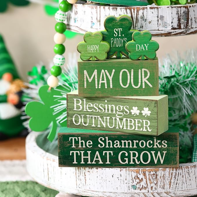 Lineshading 4 Pcs St. Patrick's Day Decor Wooden Shamrock Decoration Saint Patty's Day Tiered Tray Decor Rustic Wooden Shamrock Block Sign Irish Table Centerpiece Farmhouse for Party Home Kitchen
