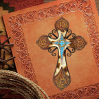 AMAJY Rustic Western Style Cowhide Faux Tooled Leather Wall Cross with Turqoise Center Piece and Floral Embossed Design Spiritual Wall art Southwest Decor