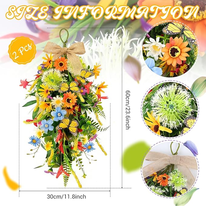 2 PCS 24'' Spring Summer Floral Teardrop Swags for Front Door Artificial Sunflowers Daisy Teardrop Swags Lavender Butterfly Swag Wreath Eucalyptus Hanging Swag for Farmhouse kitchen Cabinet Home Decor