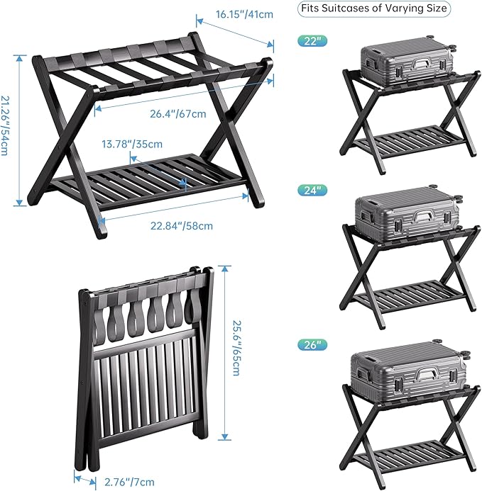 SMIBUY Luggage Rack, Set of 2, Foldable Bamboo Suitcase Stand with Storage Shelf for Guest Room, Bedroom, Hotel, Heavy-Duty (Black)