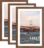 11x17 Picture Frame 3 Pack - Brown Poster Frame Display Pictures 9x15 with Mat or 11 x 17 Without Mat for Wall Hanging Horizontal and Vertical