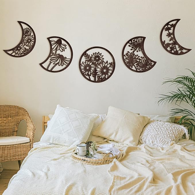 Jetec 5 Pcs Moon Phase Wall Art Decor Wall Pediments Hanging Wooden Phase Spiritual Bedroom Nordic Boho Lunar Aesthetic Art for Living Room Dorm Apartment Ornament(Brown)