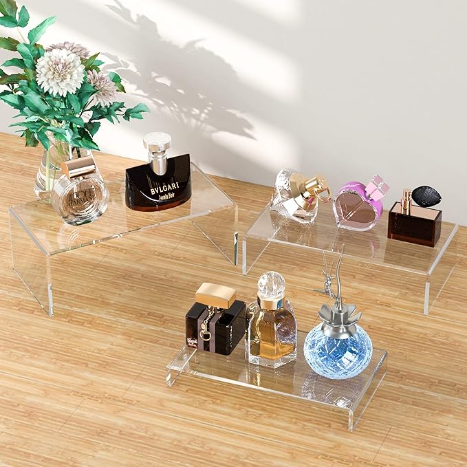 Sezanrpt Acrylic Risers Display Stands 3pcs, Rectangular Dessert Table Display Set, Clear Display Shelf for Funko Pop, Collectibles, Retails, Shoes, Plants, Home Decors, Decoration - 7.5''x8''x8.5''