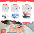12 Pack Vacuum Travel Bags with Pump for Clothing with USB and TYPE C Pump,Carry-on Size Space Saver vacuum seal bags for clothing Storage Bags for Vacation Cruise（Red）