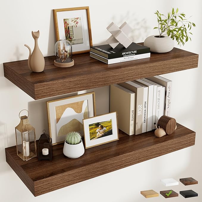 FLYJOE 36 Inch Long Floating Shelves for Wall Set of 2, 12" D Wood Grain Bathroom Shelves with Invisible Brackets, Easy Install Engineered Wood Storage Shelves for Kitchen, Living Room, Bedroom