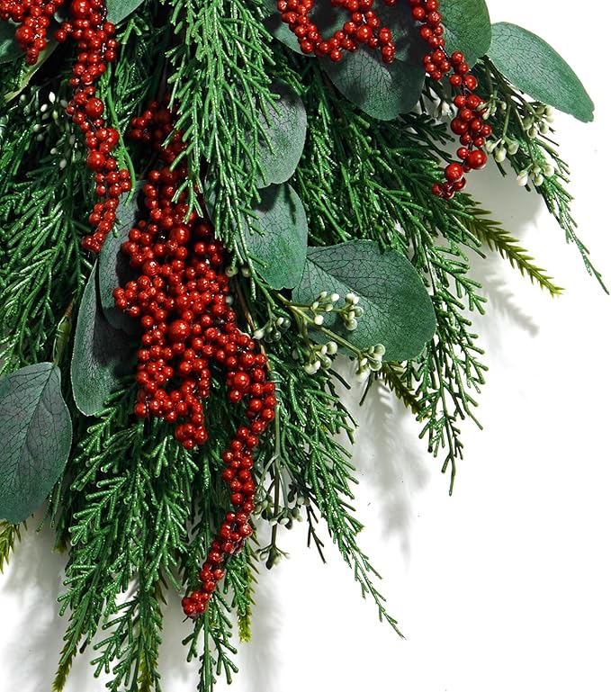 LampLust Swag for Front Door, 18 Inch Greenery with Eucalyptus and Red Berry, Teardrop Swag for Decorating, Indoor Hanging Decor for Entryways, Door or Stairways, Spring Decor, Table Centerpiece