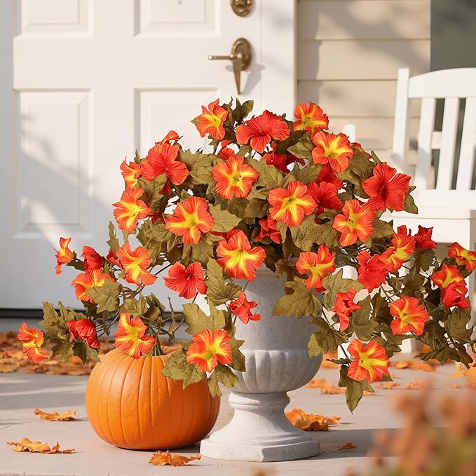 HyeFlora Artificial Fall Flowers for Outdoors Decoration 2PCS Autumn Faux Morning Glory Look Real Silk Flowers for Outside Planter UV Resistant Fake Flowers for Home Garden Balcony Yard Porch Deco