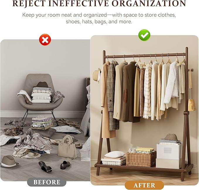 Solid Wood Clothes Rack,Freestanding Garment Rack & Coat Tree,Extra-Long 39.38" Hanging Rod, Double Storage Shelves for Bedroom, Entryway, Hallway