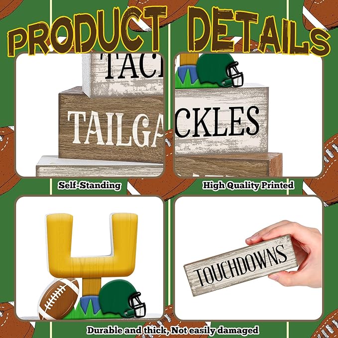 Lineshading 4 Pcs Football Table Decorations Football Tiered Tray Decor Sport Game Centerpiece Sign Decorative Rugby Stack Block Gift for Fans Club Tailgate Birthday Party Table Shelf Fireplace Decor